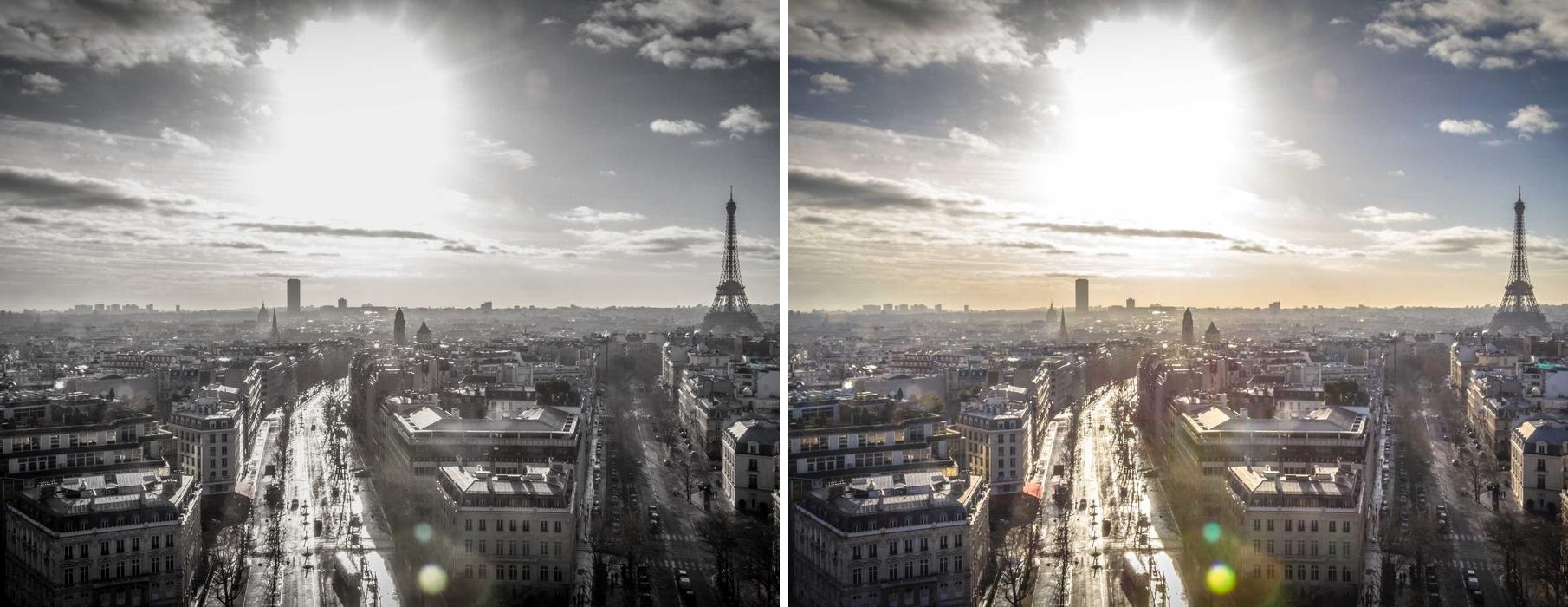 Before/after comparison of a city photo: the flat, desaturated original on the left and the edited version on the right, joined side by side with a thin white divider