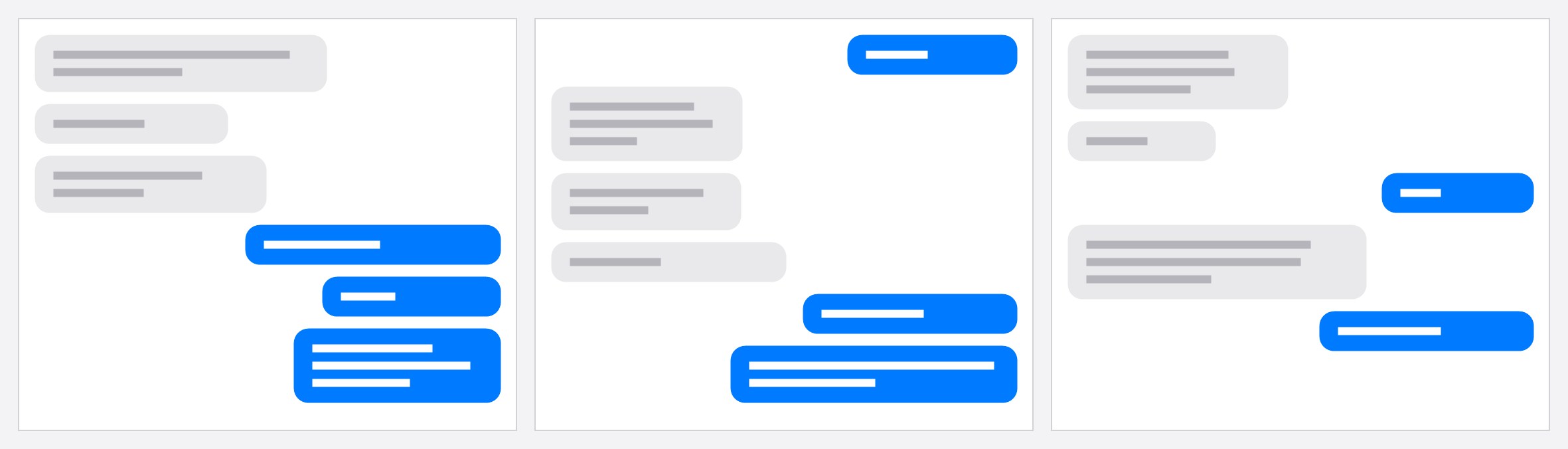 Three separate chat screenshots shown side by side before stitching, with the message text redacted